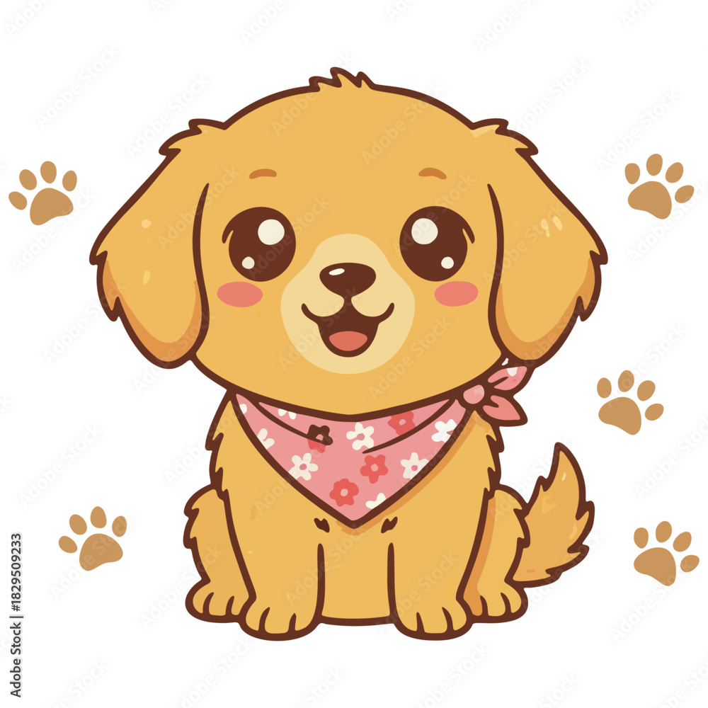 Fototapeta premium A charming cartoon puppy, radiating warmth with its delightful demeanor, is surrounded by paw prints