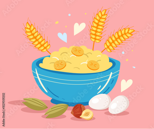 Morning breakfast porridge with milk, banana and nuts. Vector flat graphic design cartoon illustration