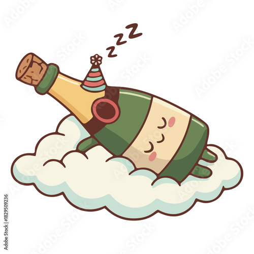 An adorable, cartoon champagne bottle, adorned with a festive hat, peacefully rests on a fluffy cloud