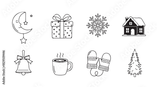 Collection of charming hand drawn winter holiday icons including a crescent moon with stars gift box snowflake cozy house bell hot drink mittens and christmas tree silhouette
