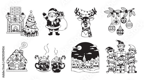 Collection of festive christmas decoration silhouettes including santa claus reindeer and ornaments for holiday celebrations silhouette