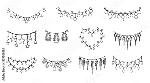 Collection of elegant decorative chandeliers and light fixtures in a black and white silhouette style perfect for design elements