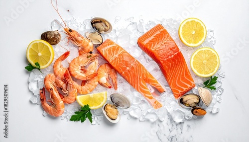 Fresh Seafood Ingredients on Ice with Shrimp Clams and Salmon