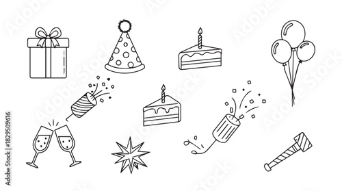 Collection of hand drawn birthday celebration elements in a simple black and white silhouette style perfect for party invitations and decorations