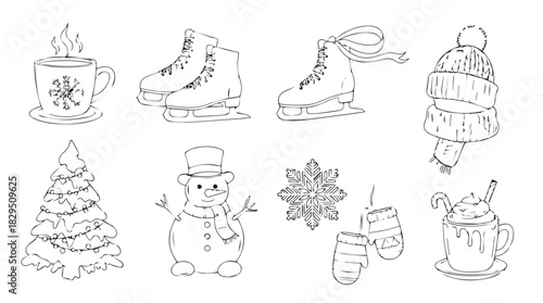 Collection of festive winter holiday icons and symbols in a charming hand drawn silhouette style for seasonal design elements silhouette