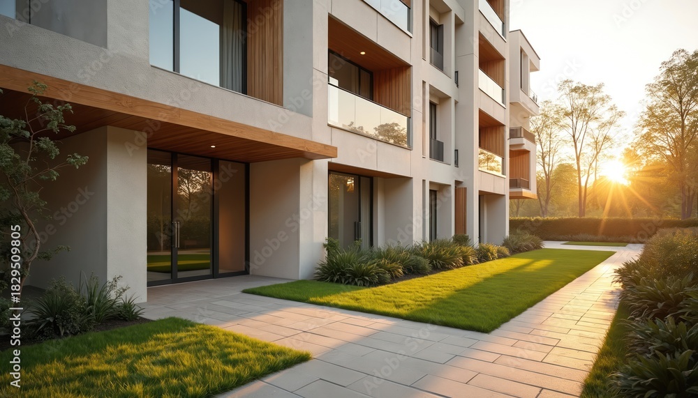 Naklejka premium Modern apartment building exterior with large windows, glass balconies. Golden sunlight shines on green grass lawns, paved path. Residential complex features sleek architecture, wood details, garden