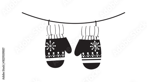 Cozy winter mittens with snowflake patterns hanging on a clothesline a charming silhouette illustration for seasonal design