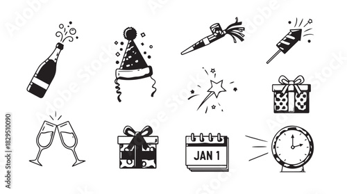 Collection of festive new year s eve celebration icons including champagne bottle party hats fireworks gifts and clock silhouette