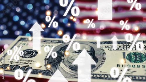 Us dollar bill with percentage symbols and upward arrow against american flag, symbolizing economic growth or rising interest rates