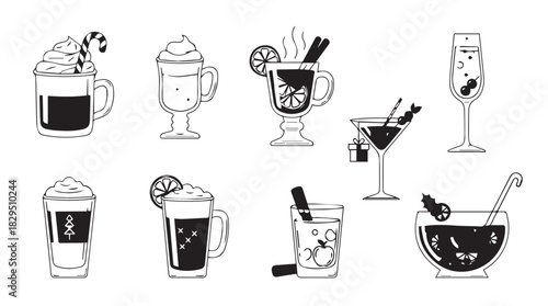 Collection of eight delicious hot and cold beverages in various glasses and mugs presented in a charming silhouette style