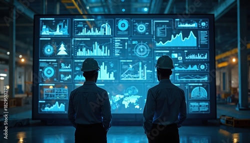 Two engineers in hard hats observe large digital screen. Display shows various tech data, charts, operational metrics for industrial processes. Monitor project performance, conduct business analysis.