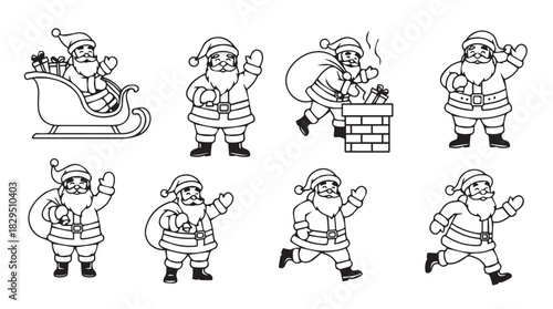 Collection of eight distinct santa claus silhouettes in various festive poses and actions perfect for holiday designs silhouette