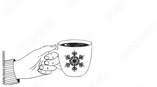 Close up of a hand holding a steaming mug with a snowflake design winter beverage silhouette