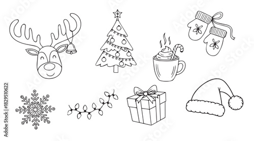 Collection of festive christmas icons including a reindeer tree mittens snowflake lights gift and santa hat in a charming silhouette style