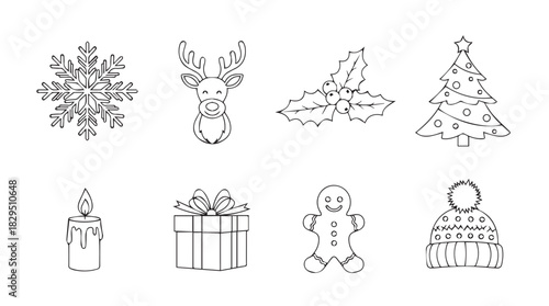 Collection of eight festive christmas holiday icons and symbols in a charming hand drawn sketch silhouette style