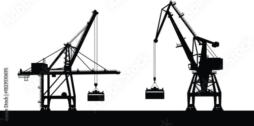 Seaport Container Quay and Gantry Crane Silhouette Set, Black Vector Icons of Industrial Heavy Machinery Lifting Cargo for Shipping and Logistics Design