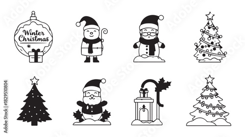 Collection of festive christmas icons including santa claus snowmen decorated trees and winter holiday ornaments silhouette