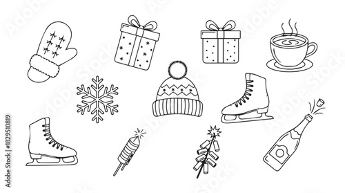 Collection of hand drawn winter holiday icons including a mitten gift boxes snowflake hat ice skates hot drink champagne bottle and pine branch silhouette