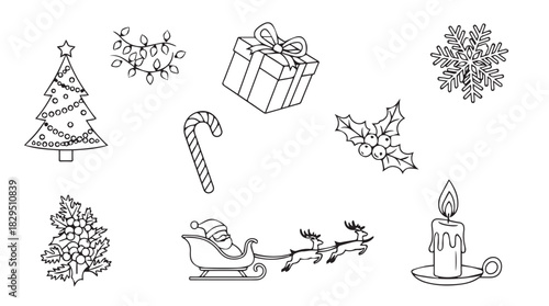 Collection of hand drawn christmas holiday icons including a christmas tree gift candy cane sleigh and candle in a simple silhouette style