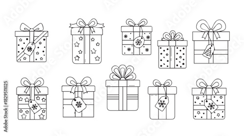 A collection of hand drawn gift boxes with ribbons and bows in a simple black and white silhouette style for festive occasions