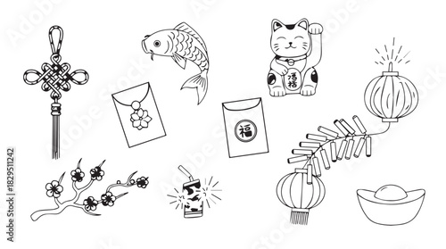 Collection of chinese new year symbols and decorations in a charming hand drawn silhouette style celebrating tradition and good fortune silhouette