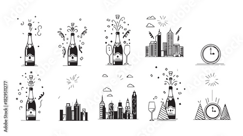Collection of festive new year s eve celebration illustrations featuring champagne bottles fireworks city skylines and clocks in a distinctive silhouette style