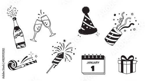 Festive new year s eve celebration elements including champagne bottle clinking glasses party hats confetti poppers noisemaker calendar and gift box in a charming silhouette style