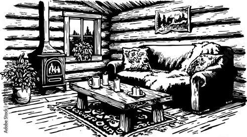 Engraving of a cozy cabin interior featuring a couch, table, and fireplace. Hand-drawn vintage set with detailed furniture in a vector illustration.