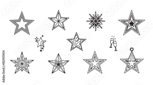 Collection of decorative star shapes and snowflake designs in a striking black and white silhouette style for graphic design and artistic projects silhouette