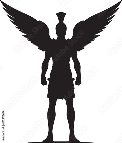 Silhouette of an angel warrior, standing firm with wings spread, clad in ancient Greek armor. Symbol of strength and protection.