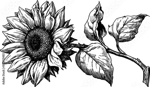 Sunflower with petals, leaves, and stem in black and white line style. Vintage ink drawing vector illustration with botanical details.