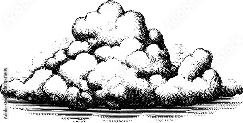 Vintage cloud illustration in engraving style. This black and white vector drawing features a textured cumulus cloud.