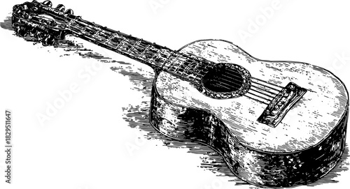 Guitar instrument sketch in vintage style. Detailed wood vector illustration set against a black and white background.