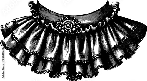 Vintage collar engraving in black outline with detailed design. Elegant fashion accessory with traditional textile style in a vector illustration set.