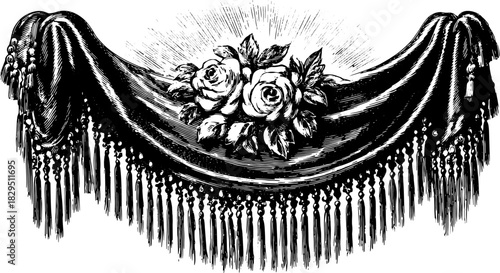 Antique engraving print featuring floral silhouette and decorative details. Retro vector illustration in an elegant style.