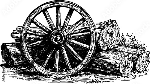 Antique wheel and logs in outline style. Vintage vector illustration depicting rural equipment in a classic design set.