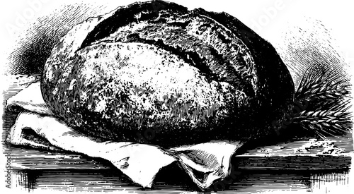 Bread illustration in vintage engraving style. Detailed depiction on a wooden surface, showcasing retro design in a black and white vector format.