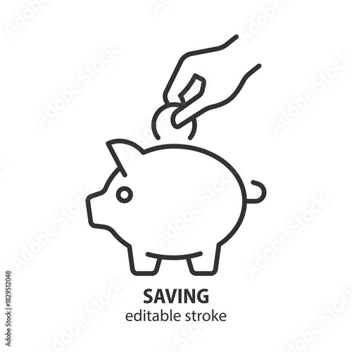 Saving money line icon. Hand putting coin into a piggy bank. Vector illustration investment, financial growth and security. Editable stroke.