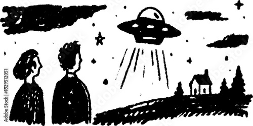 UFO silhouette in a hand-drawn vintage style. Vector illustration shows two figures observing a scene at night with a beam and stars above.