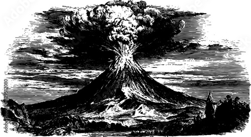 Vintage engraving of a volcano eruption with black silhouette details. This illustration captures the dramatic landscape with smoke and ash, vector graphic.