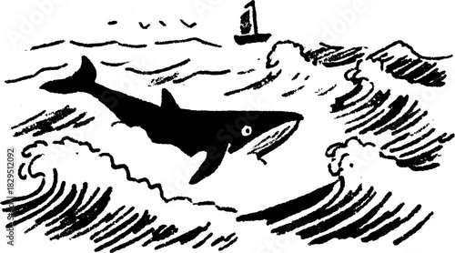 Shark silhouette hand-drawn in black, splashing through ocean waves. Sailboat visible, creating a nature-themed vector illustration.