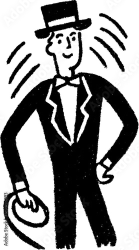 Magician silhouette in black outline drawing, showcasing a male character in a tuxedo and top hat, gesturing for a performance. This vector illustration captures vintage elegance.