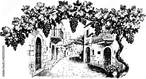 Street view of an old village with grapevines. Detailed vector illustration showcasing architectural elements and rural scenery in black and white.