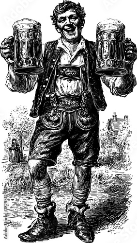 Engraving of a man holding beer mugs. Vintage hand-drawn style vector illustration showcasing traditional attire in a cheerful setting.