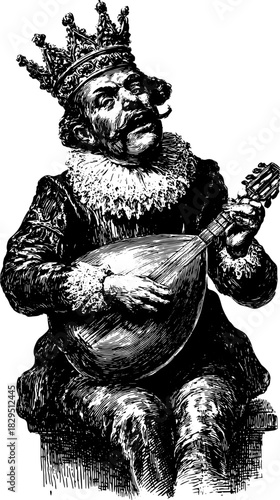 Antique engraving of a musician playing a mandolin. A detailed vector illustration showcasing a king in vintage attire with a crown.