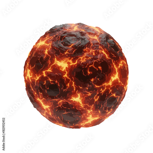 A molten sphere with a glowing fiery orb on a white background
