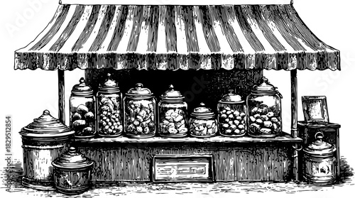 Antique engraving of a market booth displaying jars. Retro hand-drawn vector illustration featuring glassware and various food items in a vintage set.