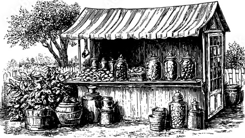 Antique shop display featuring jars and baskets. Vintage engraving vector illustration of a rustic outdoor market set.