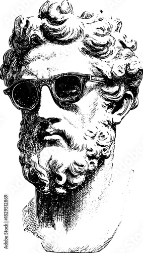 Engraving of a classical bust wearing sunglasses. Vintage black and white vector illustration emphasizes distinct details prominently.
