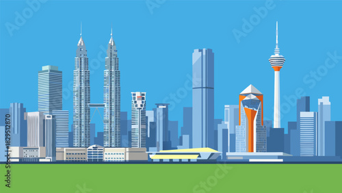 Dynamic vector illustration of a modern metropolitan cityscape featuring towering skyscrapers and contemporary architecture against a clear blue sky, perfect for urban design